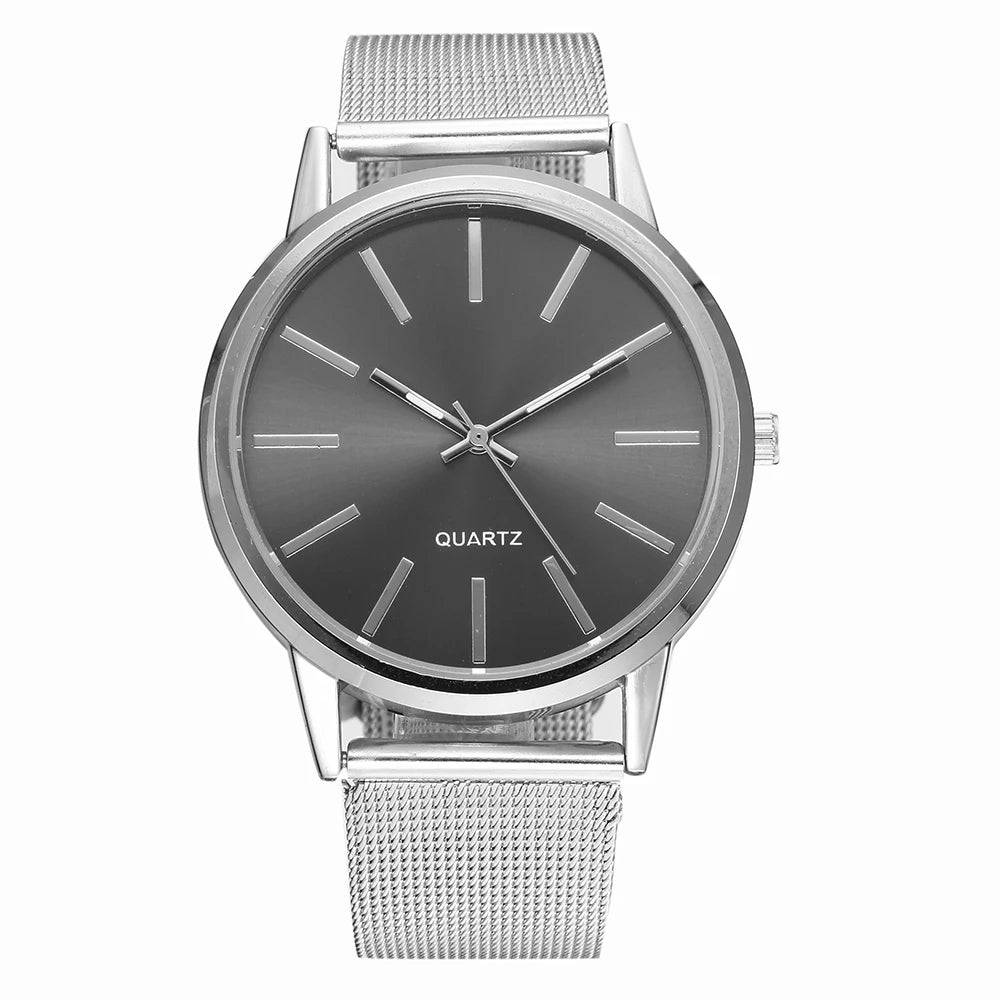Luxo novo de alta qualidade aço inoxidável malha cinta relógio movimento quartzo à prova dwaterproof água mulher homem relógios casuais presentes para mulher
