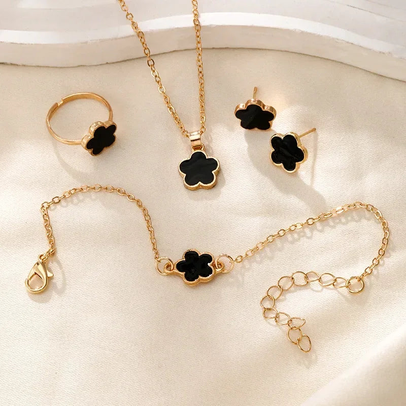 Moda conjunto de quatro peças jóias para mulher sorte cinco pétalas flor trevo brincos colar anel pulseira acessórios festa
