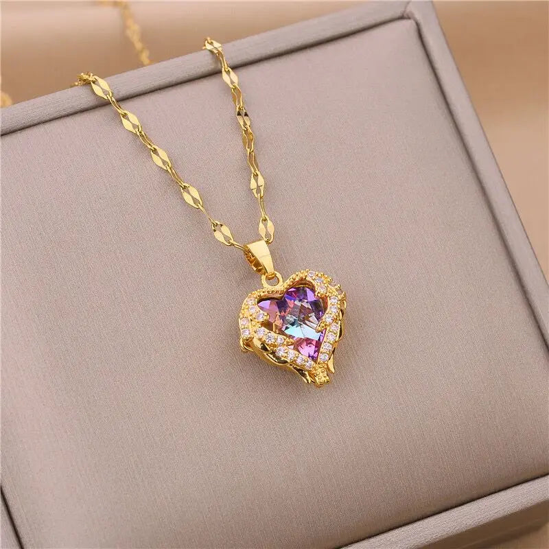 Top luxo colorido cristal oceano coração pingente colar para mulheres na moda 316l jóias de aço inoxidável feminino casamento pescoço corrente
