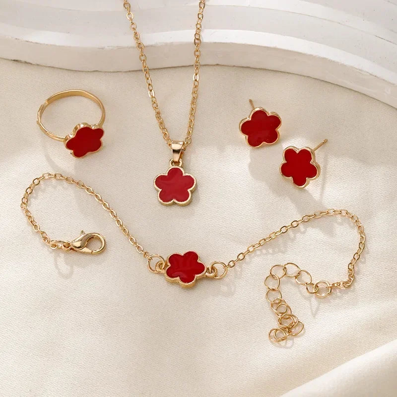 Moda conjunto de quatro peças jóias para mulher sorte cinco pétalas flor trevo brincos colar anel pulseira acessórios festa