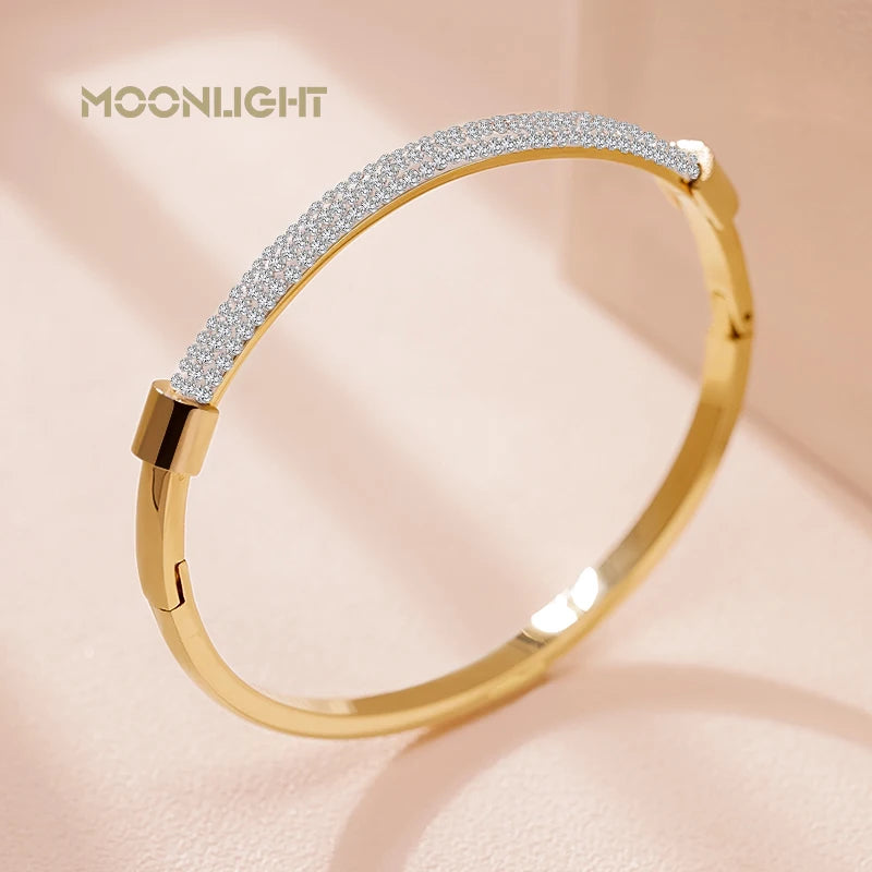 Moonlight moda zircônia cúbica manguito pulseiras para mulheres na moda titânio aço circular clássico pulseira feminina jóias presente
