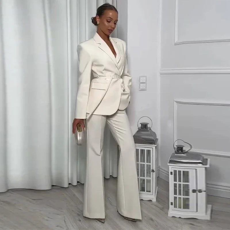 Elegante sólido blazer calças define feminino terno fino jaqueta com cinto perna larga alargamento calça 2025 primavera senhora escritório moda outfits