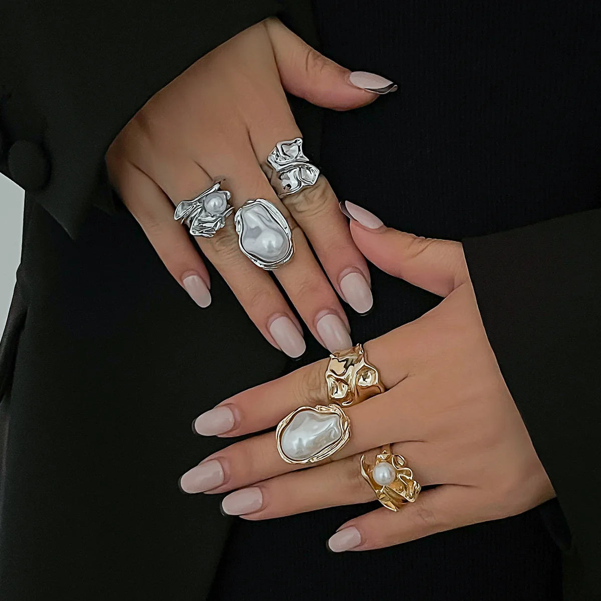 3 pçs/set cor de ouro irregular pérola aberto anéis conjunto para mulheres exageradas vintage metal dobras grosso anel jóias presentes