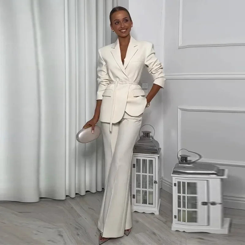 Elegante sólido blazer calças define feminino terno fino jaqueta com cinto perna larga alargamento calça 2025 primavera senhora escritório moda outfits
