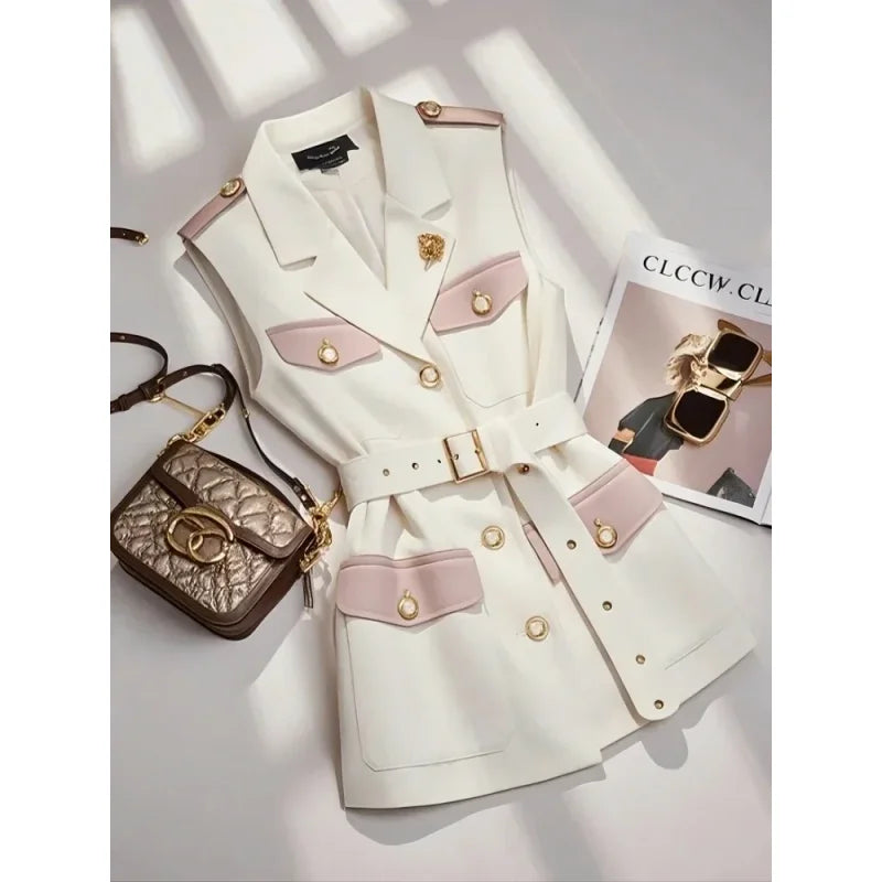 Primavera verão jaqueta colete cor bloco café sem mangas blazers colete retro feminino outerwear all-match moda senhora do escritório