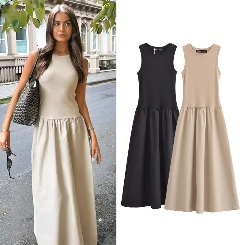 Traf cáqui elegante vestidos longos 2025 feminino primavera sem mangas vestidos pretos moda casual festa y2k vestido para o sexo feminino
