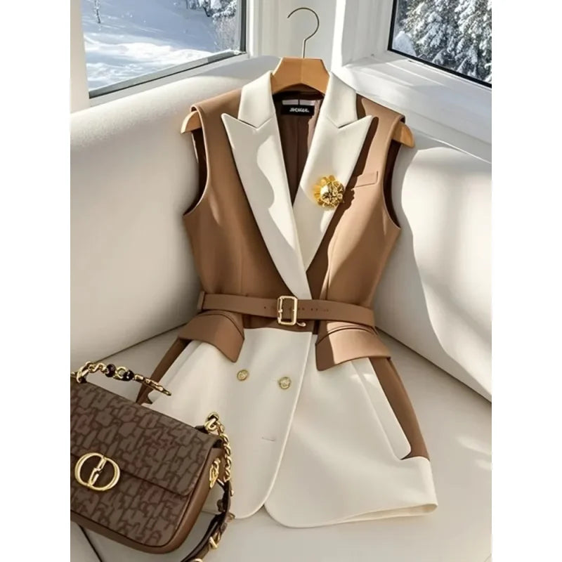 Primavera verão jaqueta colete cor bloco café sem mangas blazers colete retro feminino outerwear all-match moda senhora do escritório