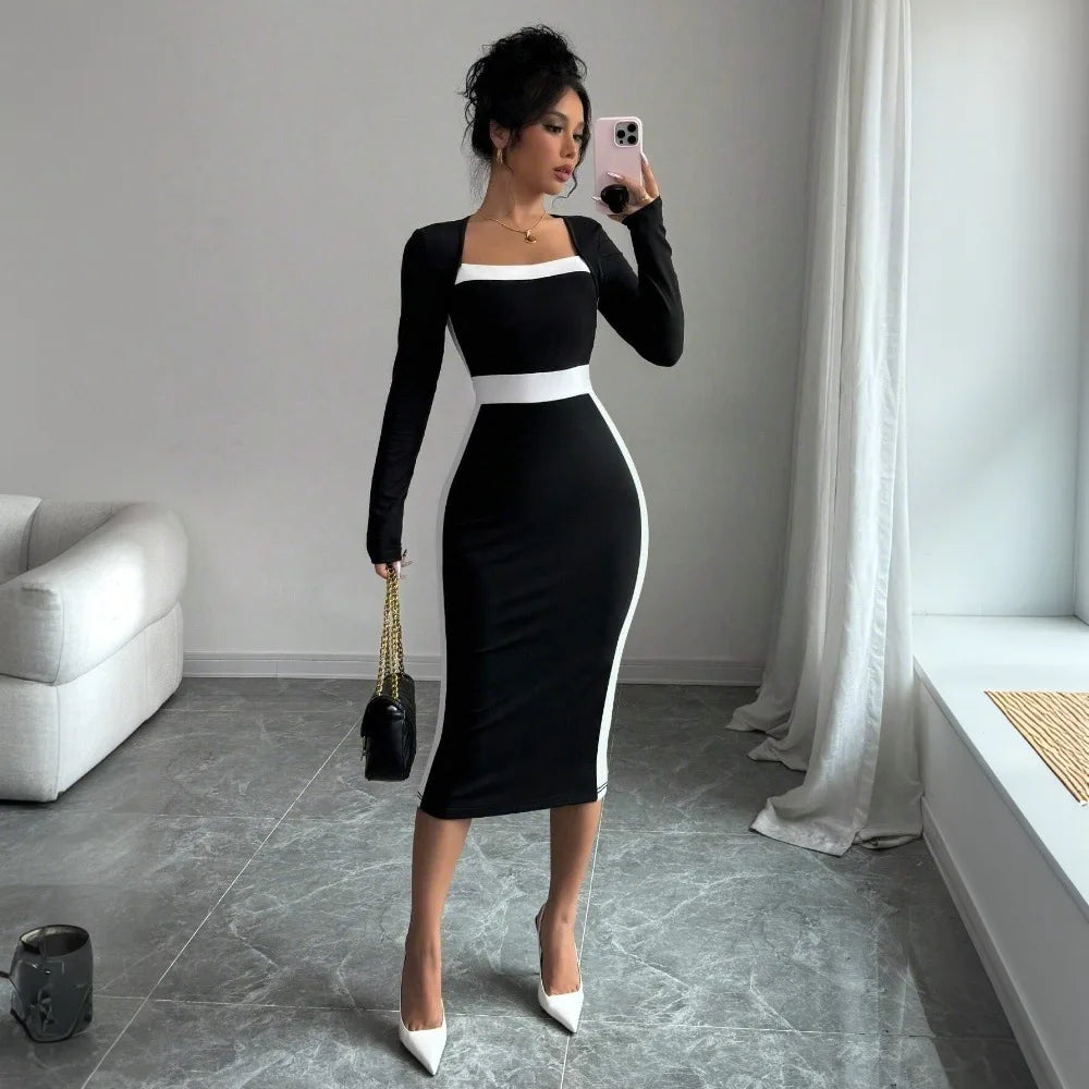 Outono inverno camisola vestido para as mulheres 2024 recém chegados pescoço quadrado cintura alta longo vestido de malha coreano maxi vestidos