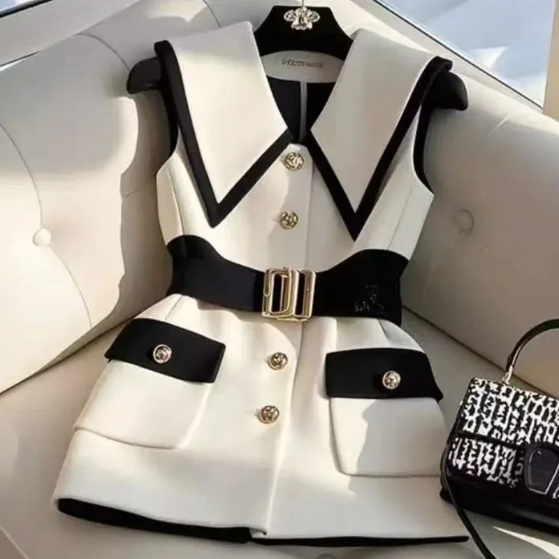 Primavera verão jaqueta colete cor bloco café sem mangas blazers colete retro feminino outerwear all-match moda senhora do escritório