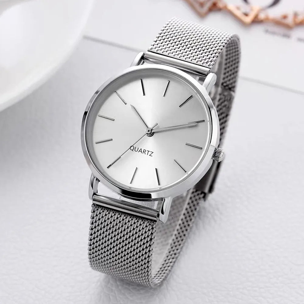 Luxo novo de alta qualidade aço inoxidável malha cinta relógio movimento quartzo à prova dwaterproof água mulher homem relógios casuais presentes para mulher