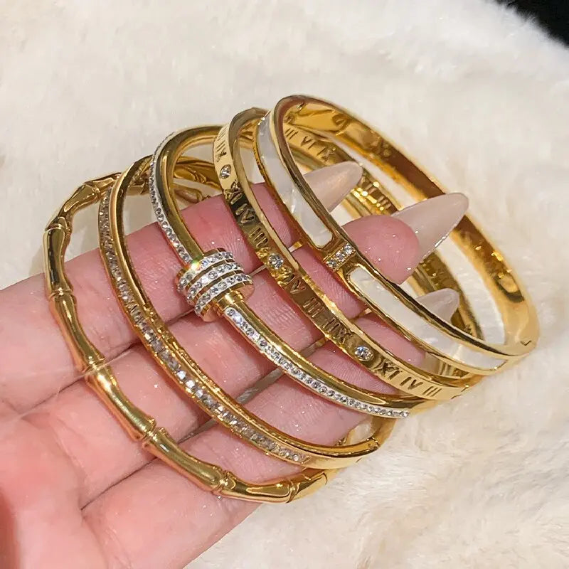 1 peça pulseira de ouro de aço titânio, estilo clássico elegante, pulseira de aço inoxidável, incrustada com zircônia, para uso diário feminino